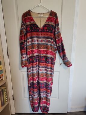 NATURAL LIFE Multicolor Striped Floral One-Piece Pajama Jumpsuit